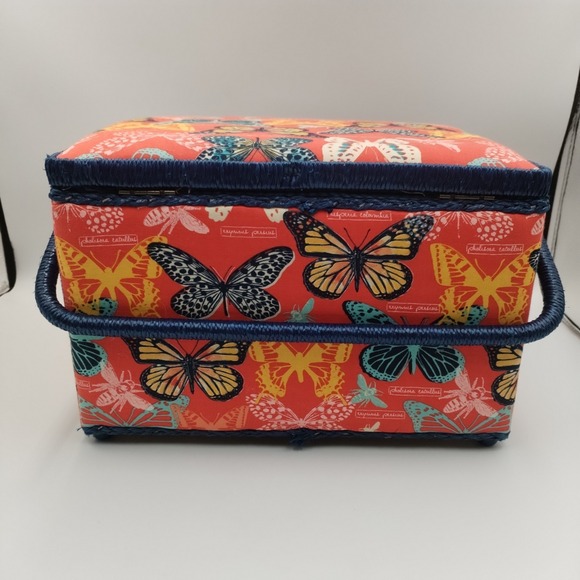 Large Butterfly Sewing Kit Storage Box - Red & Blue Fabric - Removable Organizer - Picture 4 of 15